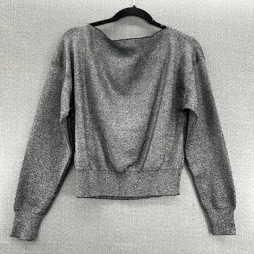 Forever 21 Cowl Neck Long Sleeve Cropped Silver Yarn Knit Sparkly Sweater Size M - Picture 8 of 8